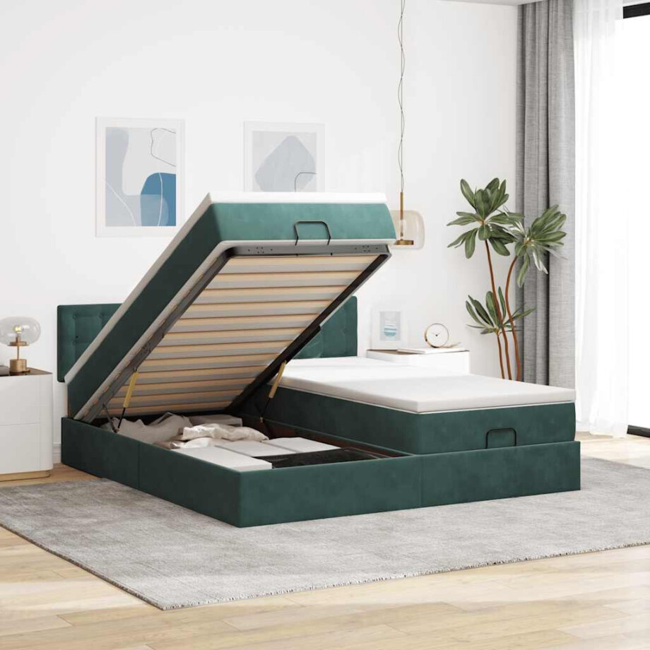 vidaXL Ottoman bed met matrassen 160x200cm fluweel donkergroen afbeelding 1
