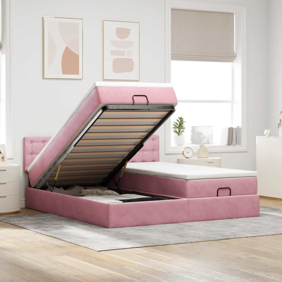 vidaXL Ottoman bed met matrassen 160x200cm fluweel roze afbeelding 1