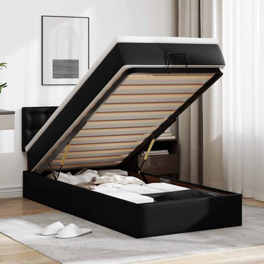 vidaXL Ottoman bed met matrassen en LED's 90x190 cm kunstleer zwart afbeelding 1