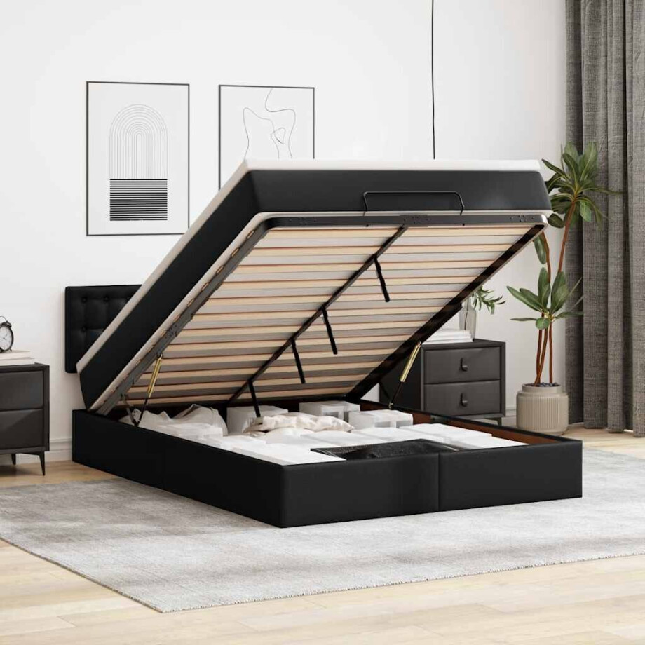 vidaXL Bed poef met matrassen en LED's 140x190cm kunstleer zwart afbeelding 1