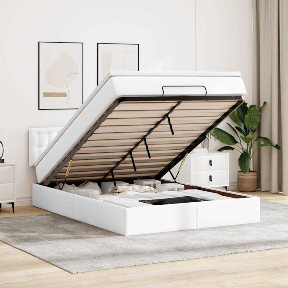 vidaXL Bed poef met matrassen en LED's 140x190cm kunstleer zuiver wit afbeelding 1