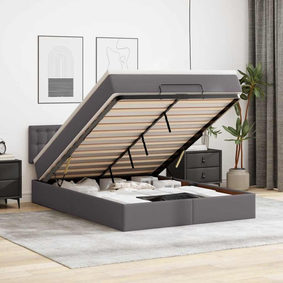 vidaXL Bed poef met matrassen en LED's 140x190cm kunstleer grijs afbeelding 1