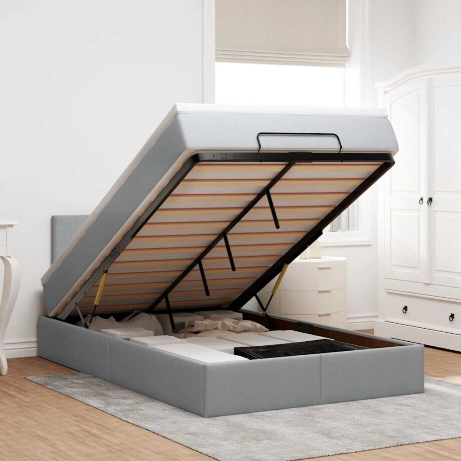 vidaXL Ottoman bed met matras en LED's 120x200 cm stof lichtgrijs afbeelding 1