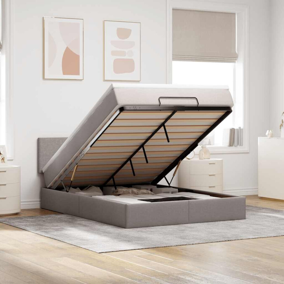 vidaXL Bed poef met matras en LED's 140x190 cm stof taupe afbeelding 1