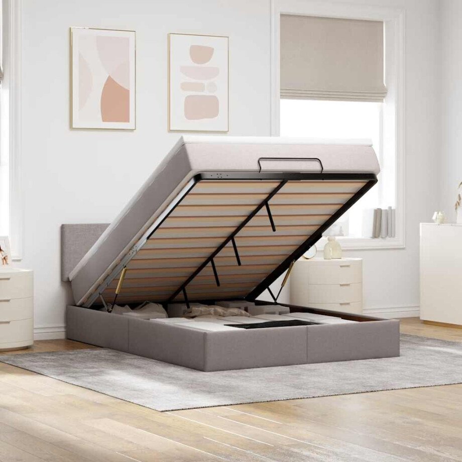 vidaXL Bed poef met matras en LED's 140x200 cm stof taupe afbeelding 1