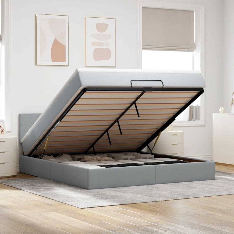 vidaXL Ottoman bed met matras en LED's 160x200 cm stof lichtgrijs afbeelding 1