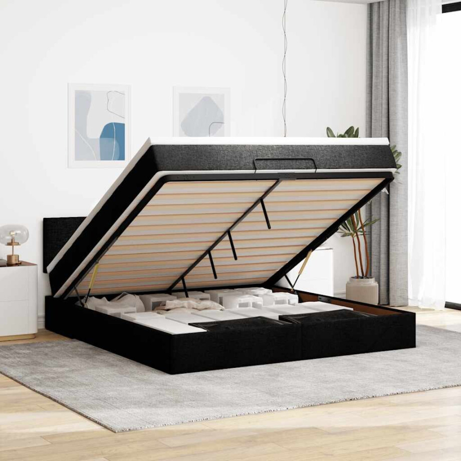vidaXL Bed poef met matras en LED's 180x200 cm stof zwart afbeelding 1
