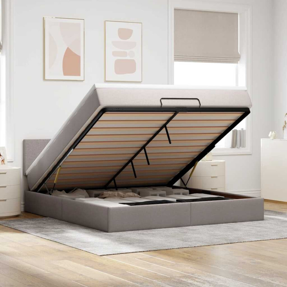 vidaXL Bed poef met matras en LED's 180x200 cm stof taupe afbeelding 1