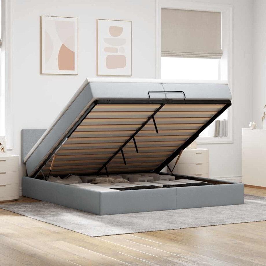 vidaXL Ottoman bed met matrassen en LED's 200x200cm stof lichtgrijs vidaXL Ottoman bed met matrassen en LED's 200x200cm stof lichtgrijs afbeelding 1