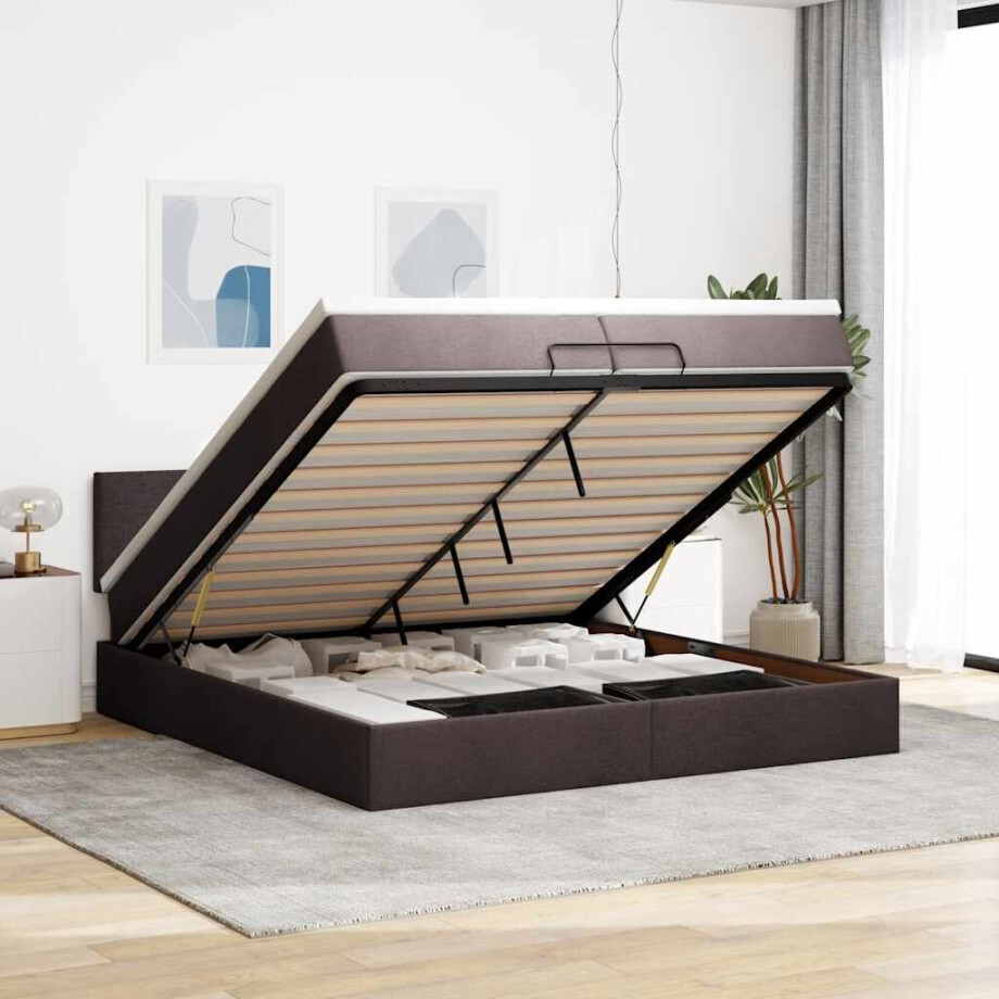 vidaXL Ottoman bed met matrassen en LED's 200x200cm stof donkerbruin afbeelding 1