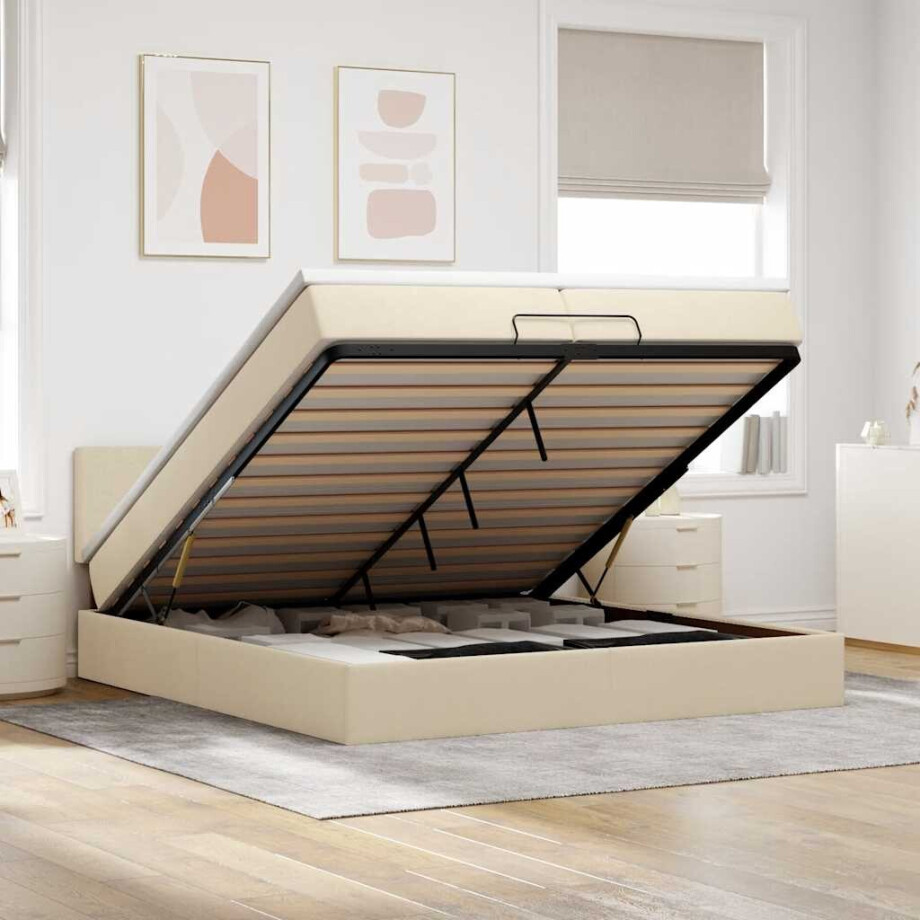 vidaXL Ottoman bed met matrassen en LED's 200x200cm stof crèmekleurig vidaXL Ottoman bed met matrassen en LED's 200x200cm stof crèmekleurig afbeelding 1