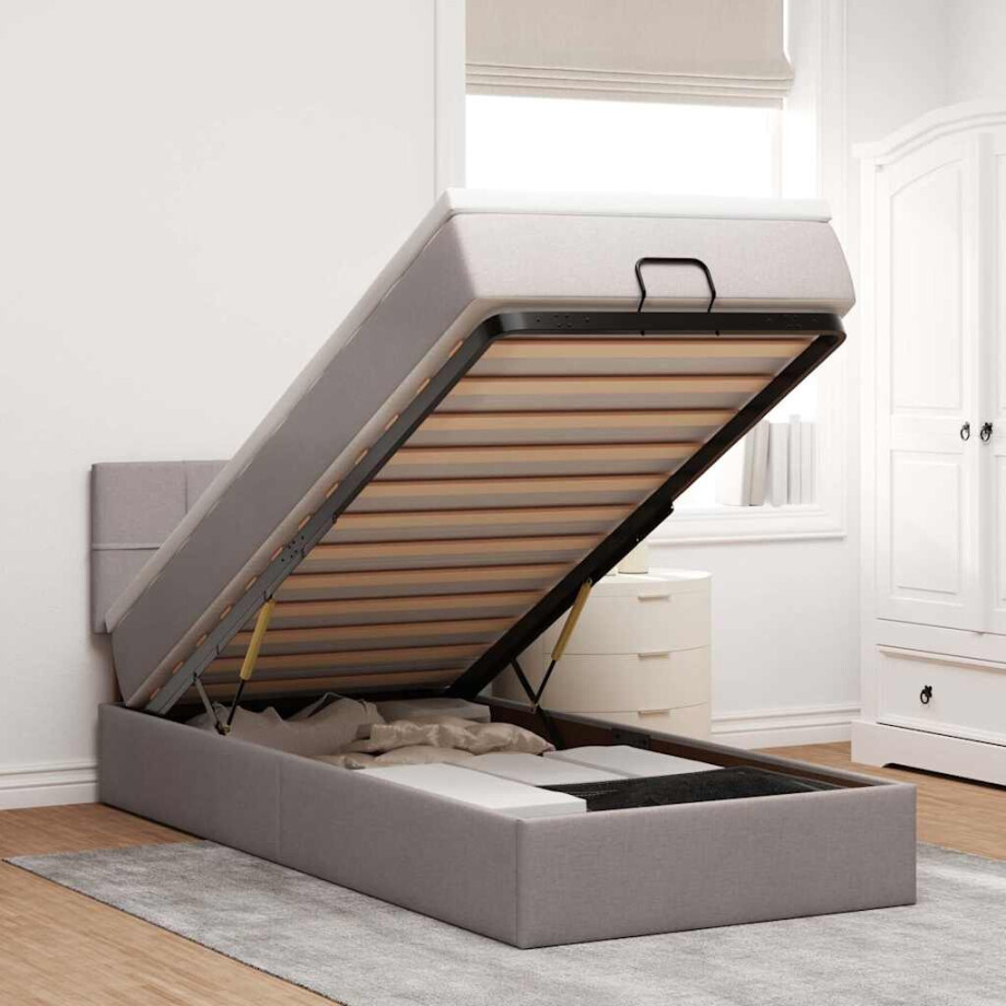 vidaXL Ottoman bed met matras en LED's 100x200 cm stof taupe vidaXL Ottoman bed met matras en LED's 100x200 cm stof taupe afbeelding 1