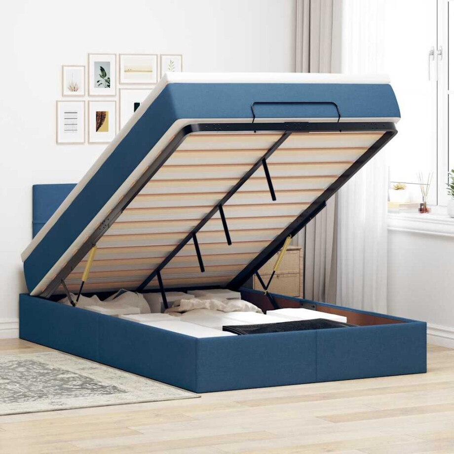 vidaXL Bed poef met matras en LED's 120x190 cm stof blauw vidaXL Bed poef met matras en LED's 120x190 cm stof blauw afbeelding 1
