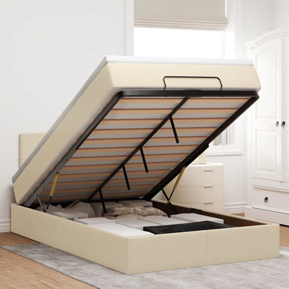 vidaXL Ottoman bed met matras en LED's 120x200cm stof crèmekleurig vidaXL Ottoman bed met matras en LED's 120x200cm stof crèmekleurig afbeelding 1