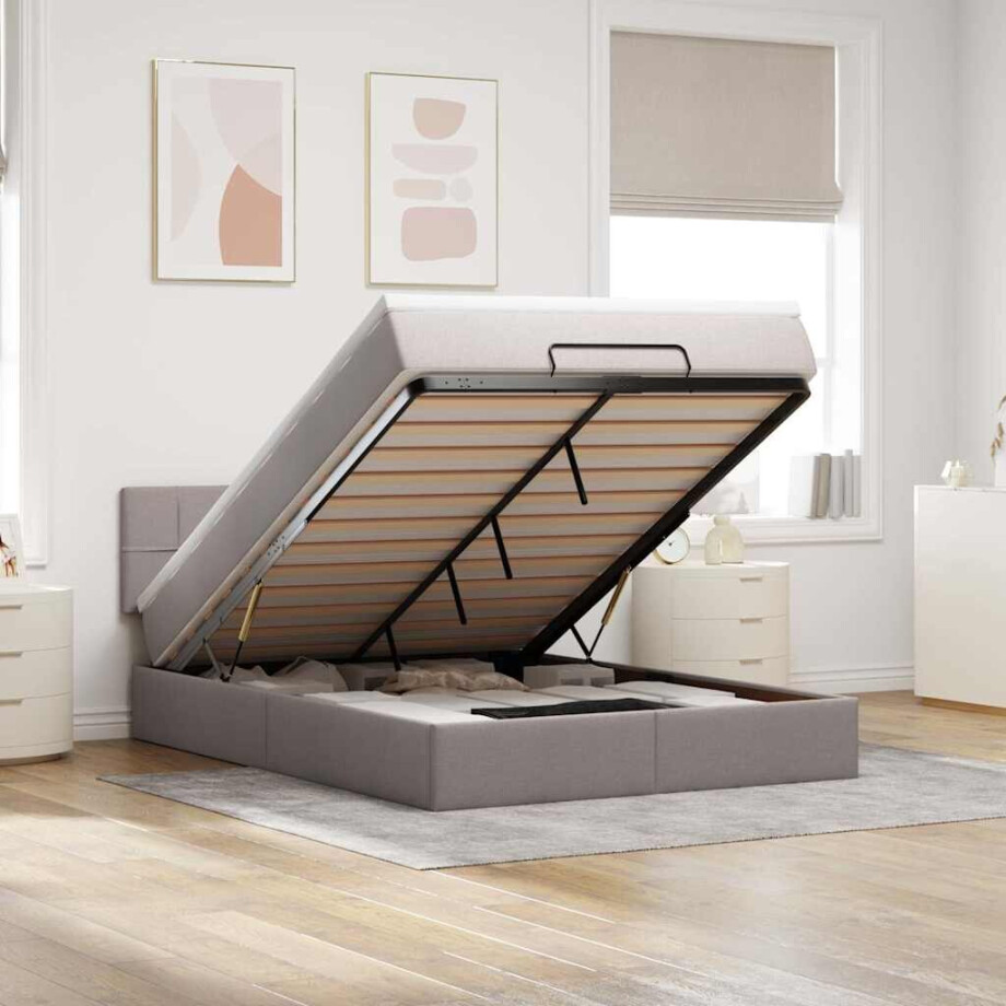 vidaXL Bed poef met matras en LED's 140x190 cm stof taupe afbeelding 1