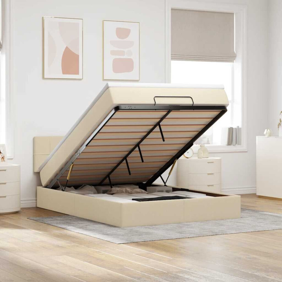 vidaXL Bed poef met matras en LED's stof 140x190 cm crème afbeelding 1