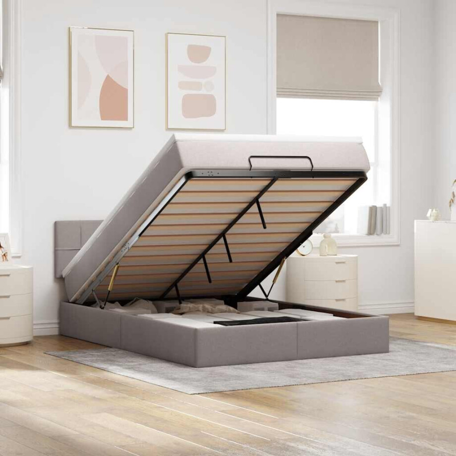 vidaXL Bed poef met matras en LED's 140x200 cm stof taupe afbeelding 1