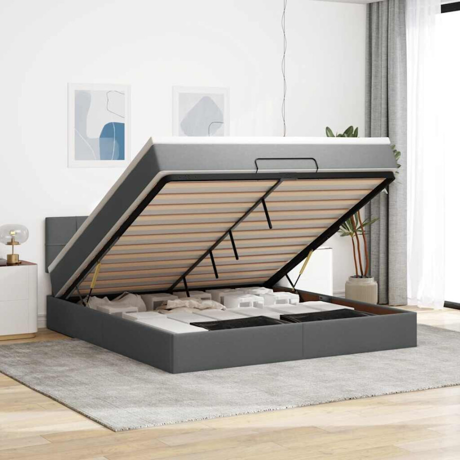 vidaXL Ottoman bed met matras en LED's 160x200cm stof donkergrijs afbeelding 1