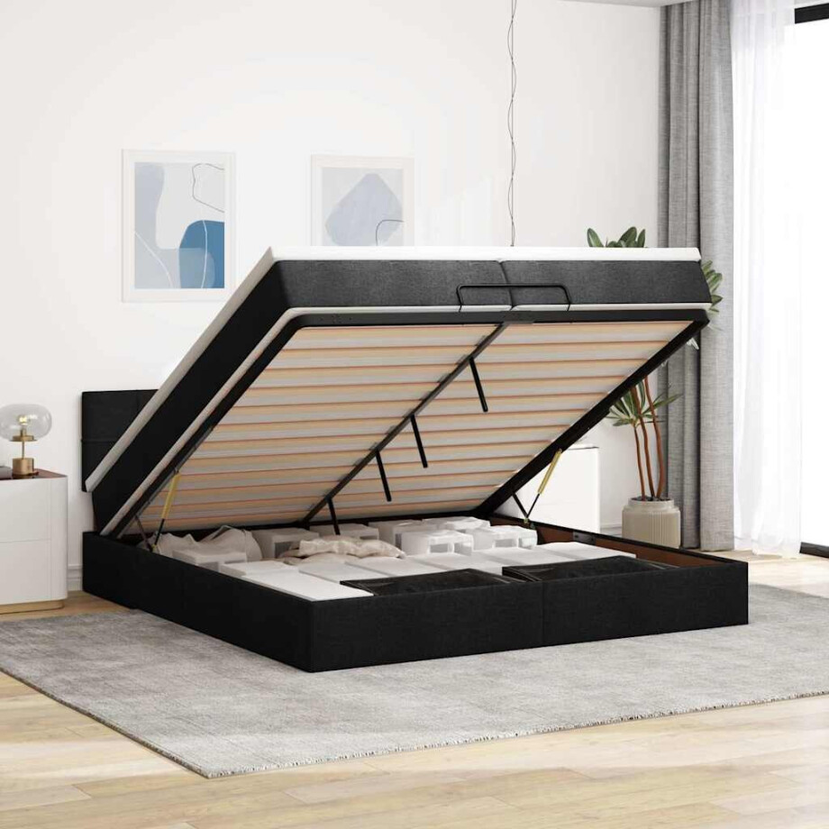 vidaXL Ottoman bed met matrassen en LED's 200x200cm stof zwart afbeelding 1