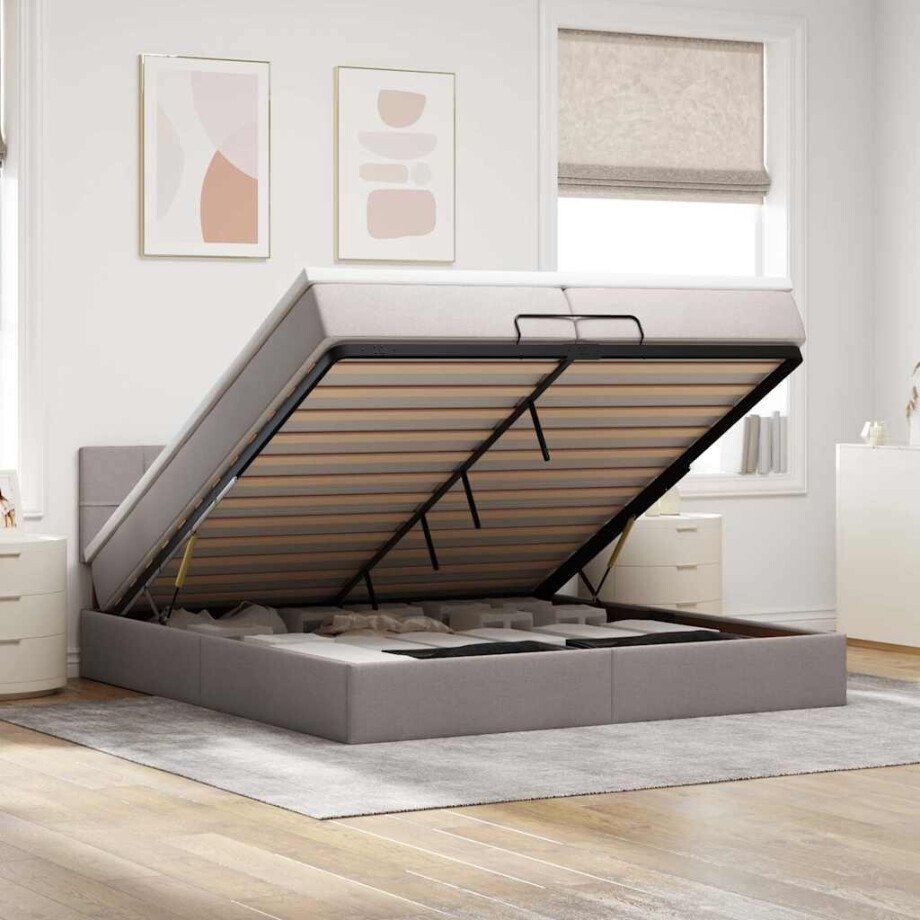 vidaXL Ottoman bed met matrassen en LED's 200x200cm stof taupe vidaXL Ottoman bed met matrassen en LED's 200x200cm stof taupe afbeelding 1