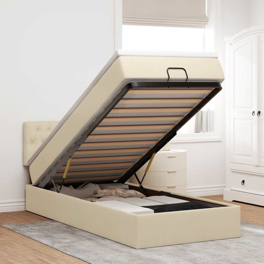 vidaXL Bed poef met matras en LED's 90x200 cm stof crèmekleurig afbeelding 1