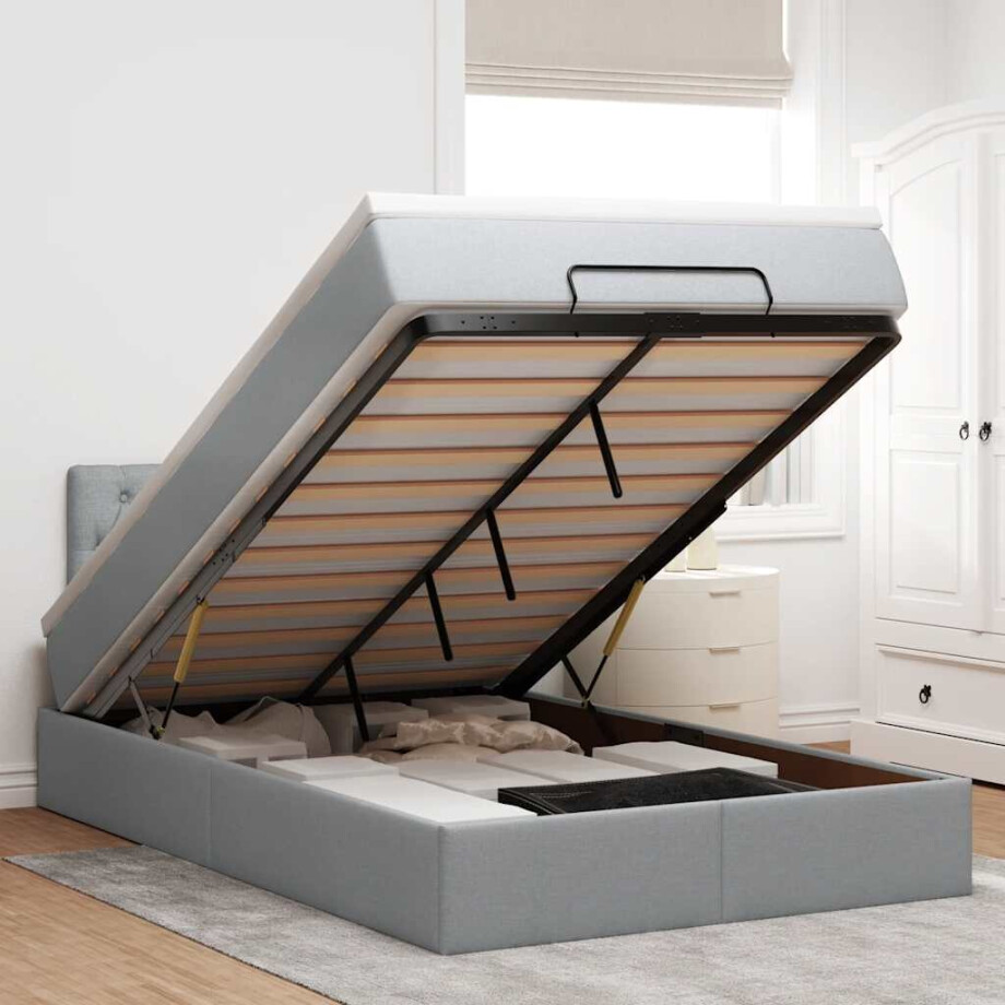 vidaXL Ottoman bed met matras en LED's 120x200 cm stof lichtgrijs afbeelding 1