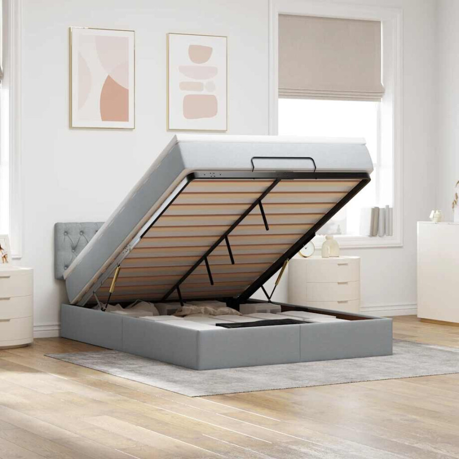 vidaXL Ottoman bed met matras en LED's 140x200cm stof lichtgrijs afbeelding 1