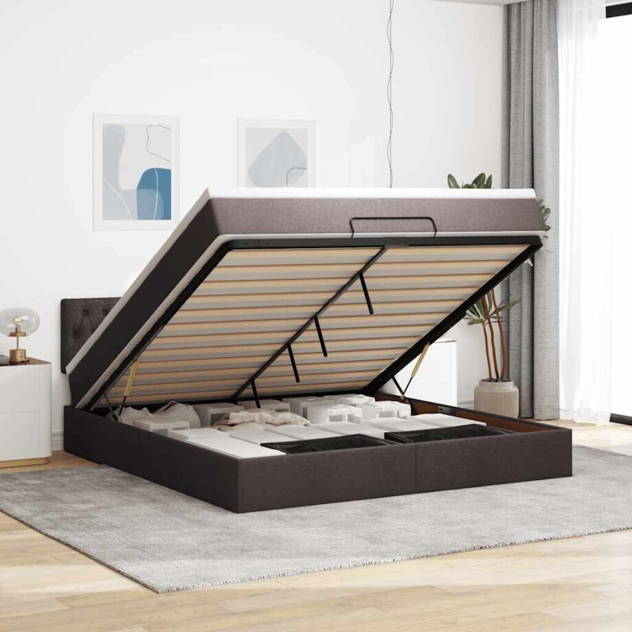vidaXL Bed poef met matras en LED's stof 180x200 cm donkerbruin afbeelding 1