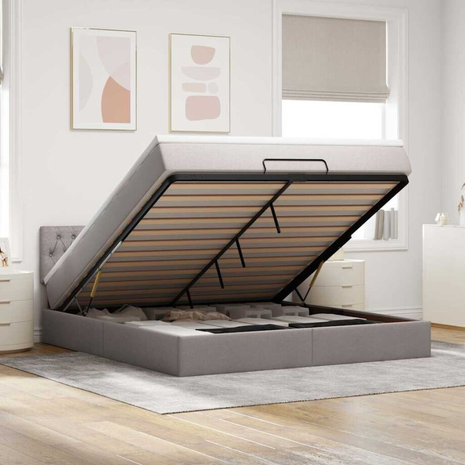 vidaXL Bed poef met matras en LED's 180x200 cm stof taupe afbeelding 1