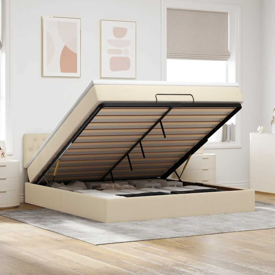 vidaXL Bed poef met matras en LED's 180x200 cm stof crèmekleurig afbeelding 1