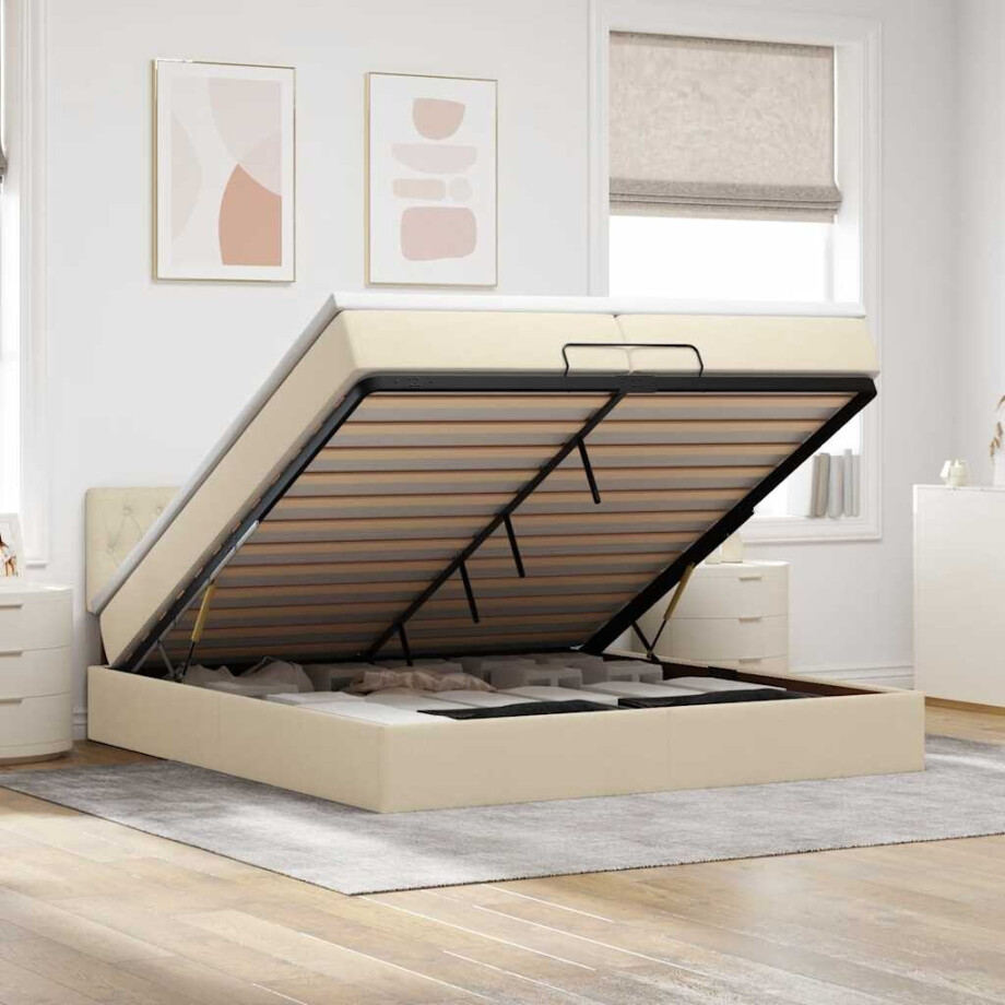 vidaXL Ottoman bed met matrassen en LED's 200x200cm stof crèmekleurig vidaXL Ottoman bed met matrassen en LED's 200x200cm stof crèmekleurig afbeelding 1