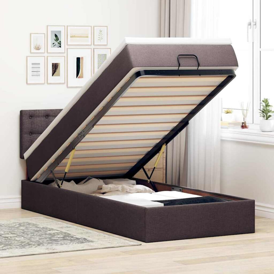 vidaXL Ottoman bed met matras en LED's 100x200 cm stof donkerbruin afbeelding 1