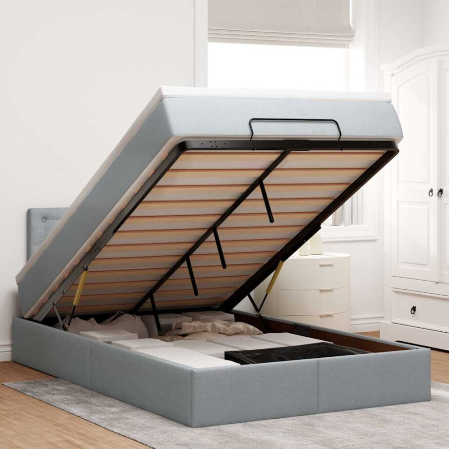 vidaXL Ottoman bed met matras en LED's 120x200 cm stof lichtgrijs afbeelding 1