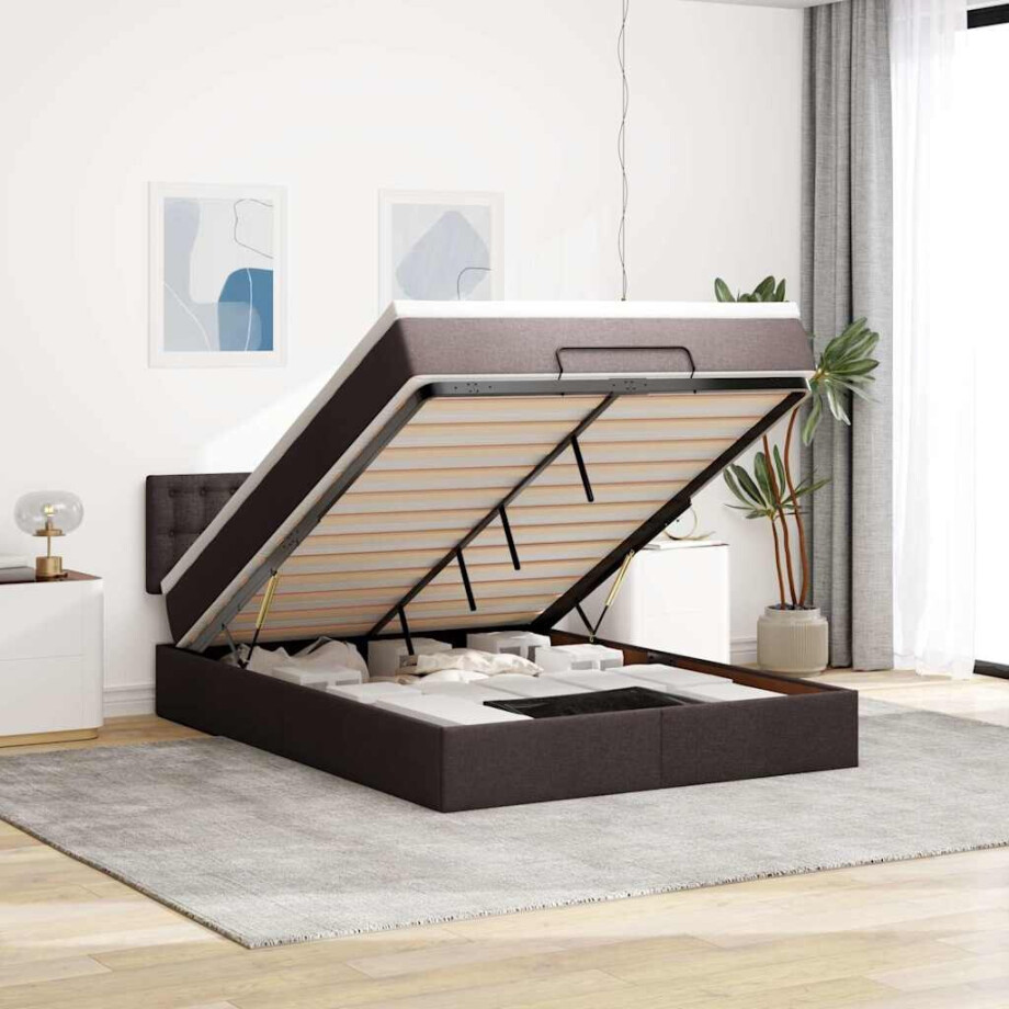 vidaXL Bed poef met matras en LED's 140x190 cm stof donkerbruin vidaXL Bed poef met matras en LED's 140x190 cm stof donkerbruin afbeelding 1