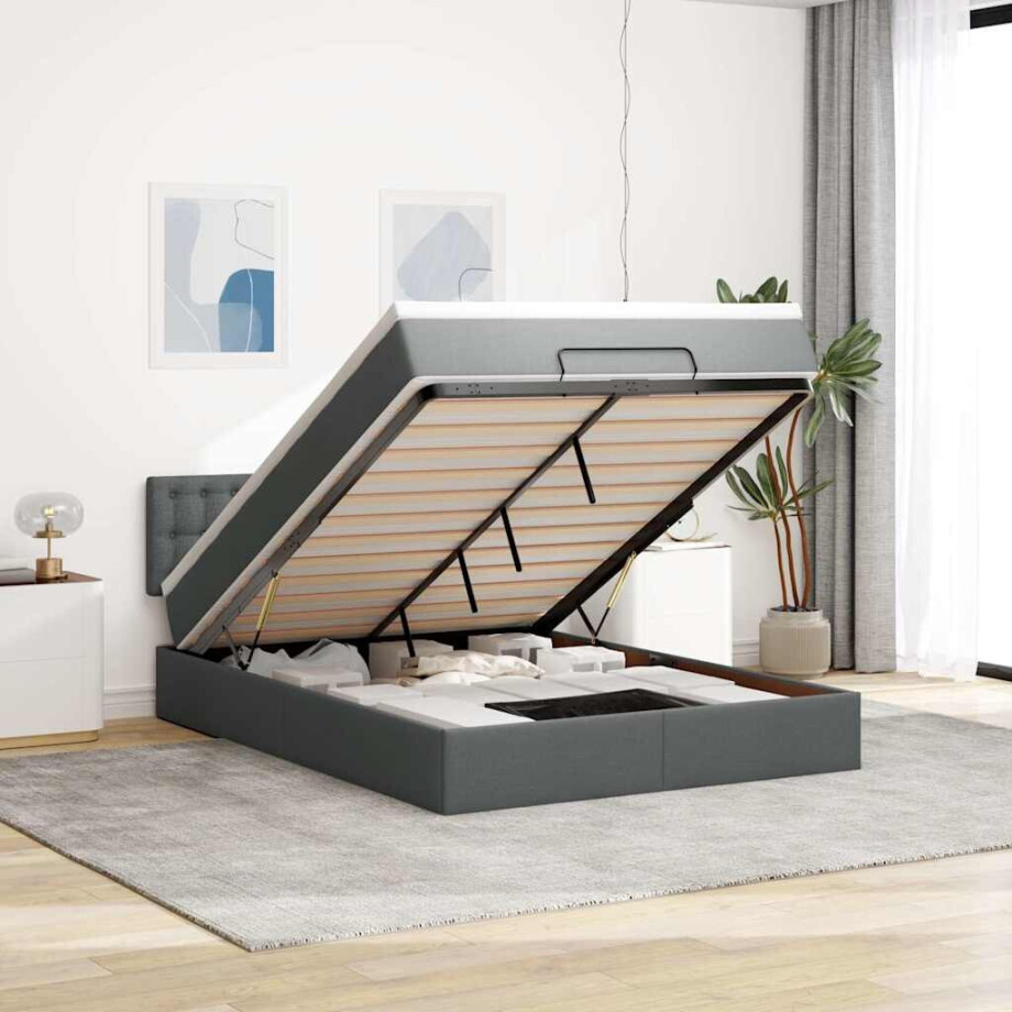 vidaXL Bed poef met matras en LED's 140x200 cm stof donkergrijs afbeelding 1