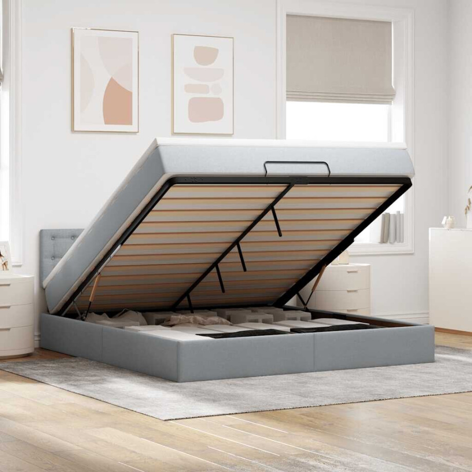vidaXL Bed poef met matras en LED's 180x200 cm stof lichtgrijs afbeelding 1
