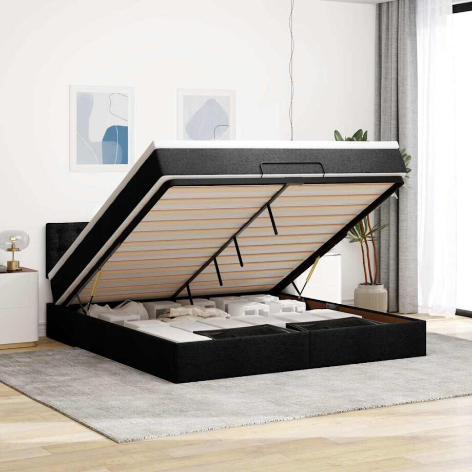 vidaXL Bed poef met matras en LED's 180x200 cm stof zwart afbeelding 1