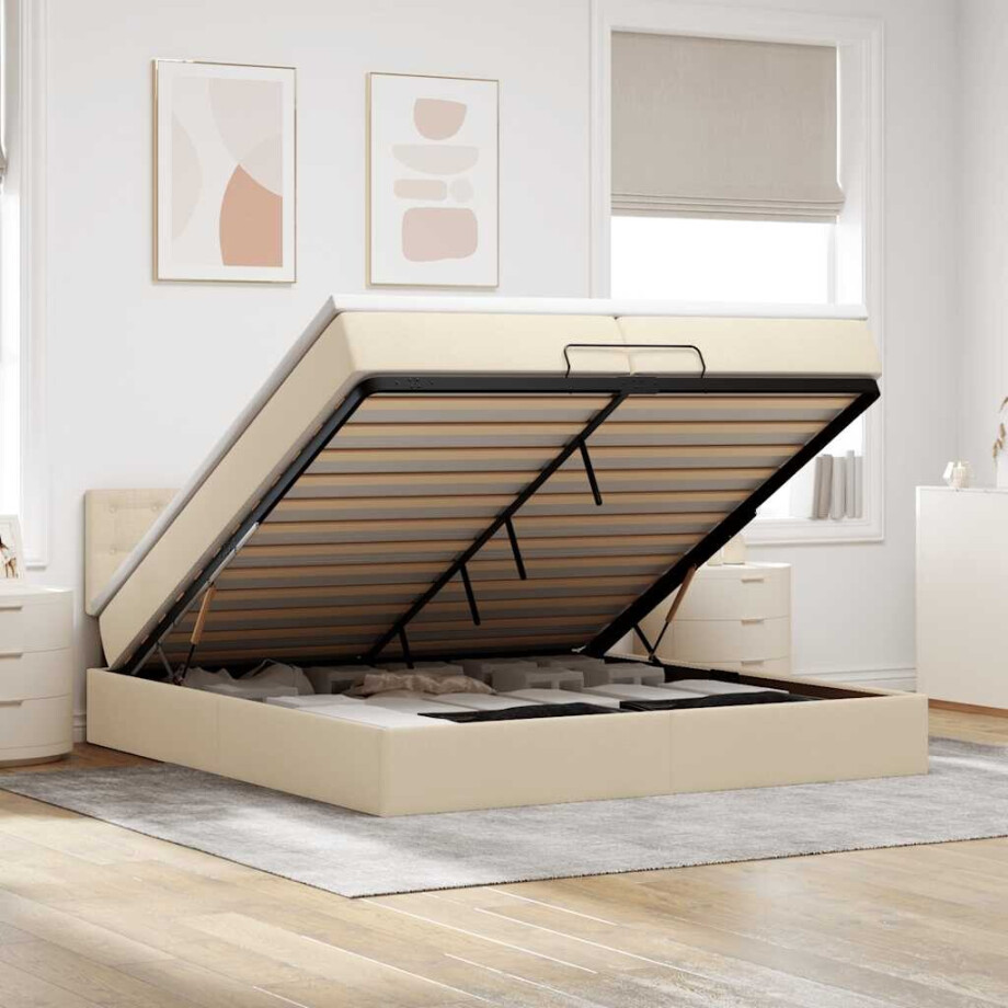 vidaXL Ottoman bed met matrassen en LED's 200x200cm stof crèmekleurig afbeelding 1