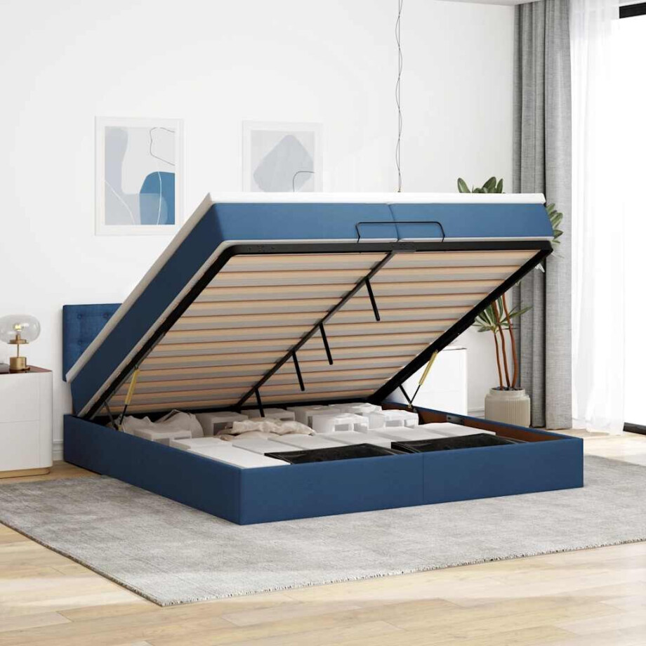 vidaXL Ottoman bed met matrassen en LED's 200x200cm stof blauw afbeelding 1