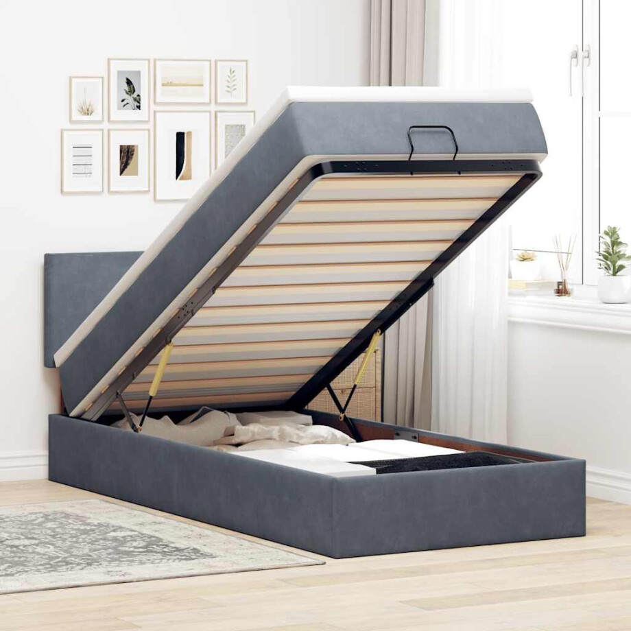 vidaXL Ottoman bed met matras en LED's 90x200cm fluweel donkergrijs vidaXL Ottoman bed met matras en LED's 90x200cm fluweel donkergrijs afbeelding 1