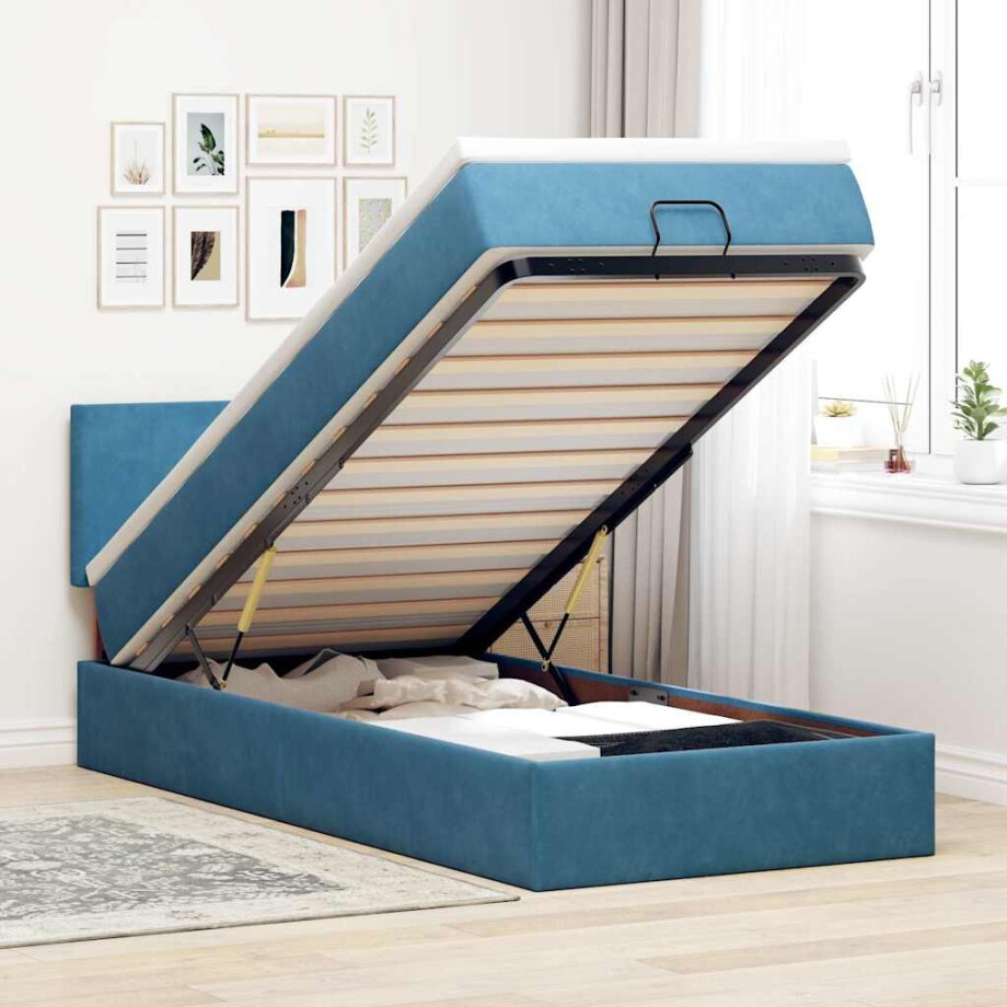 vidaXL Ottoman bed met matras en LED's 100x200 cm fluweel donkerblauw afbeelding 1