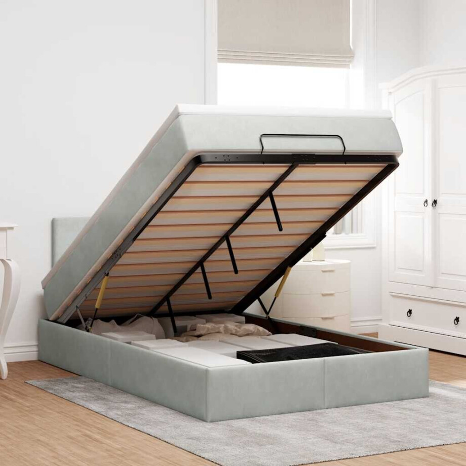 vidaXL Bed poef met matras en LED's 120x190 cm fluweel lichtgrijs afbeelding 1