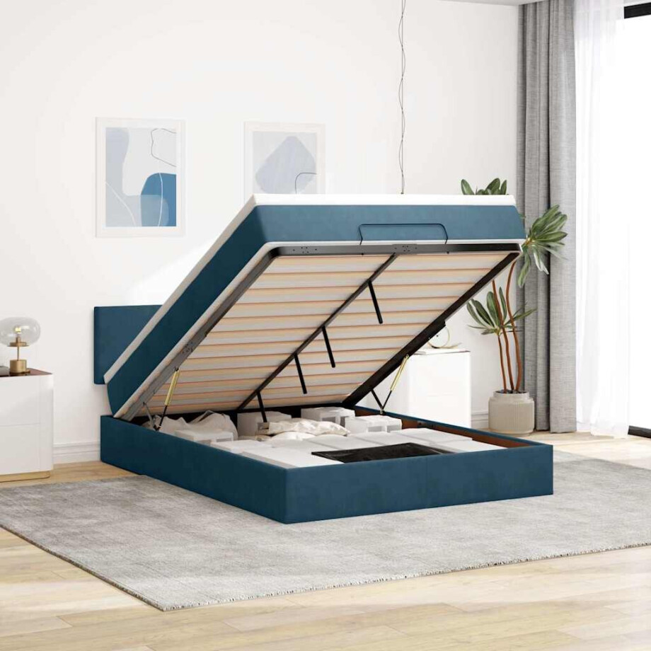 vidaXL Ottoman bed met matras en LED's 140x200cm fluweel donkerblauw afbeelding 1