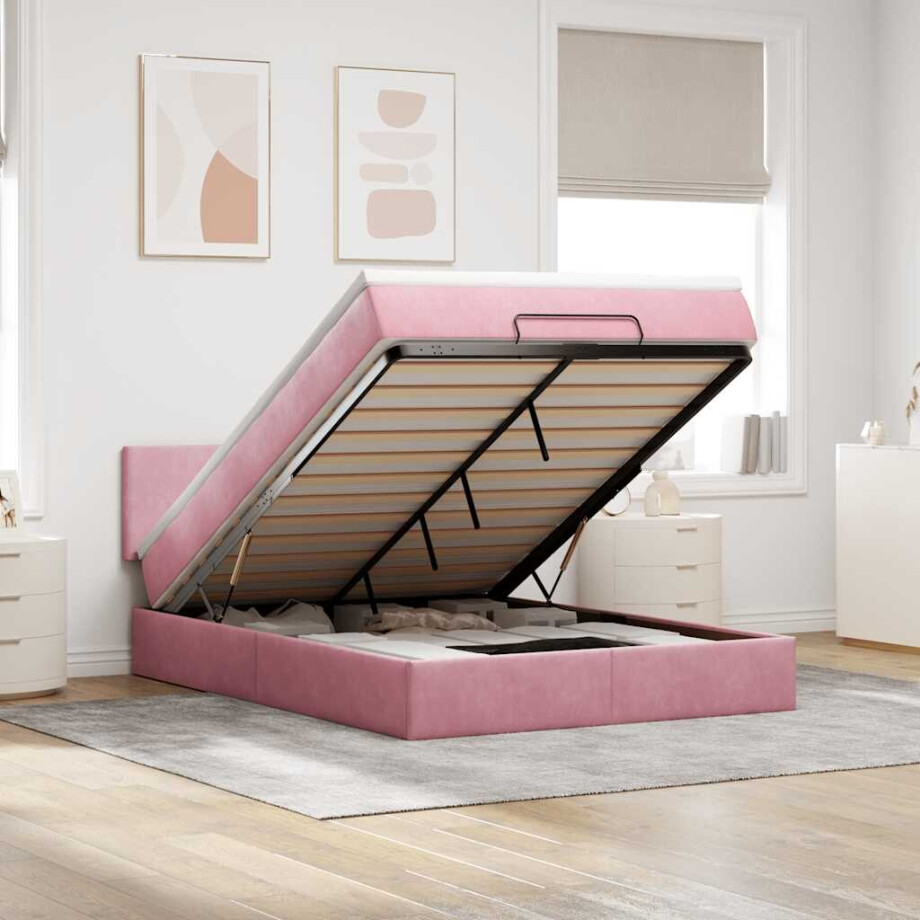 vidaXL Ottoman bed met matras en LED's 140x200cm fluweel roze afbeelding 1