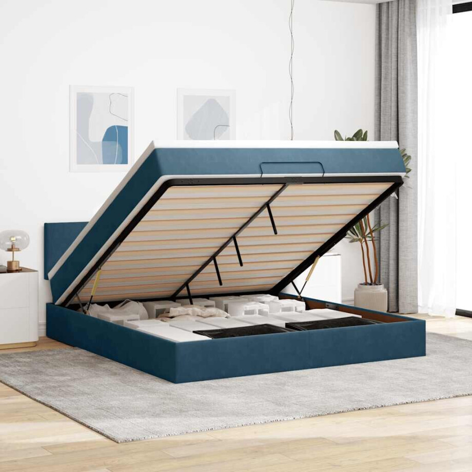 vidaXL Ottoman bed met matras en LED's 160x200cm fluweel donkerblauw afbeelding 1