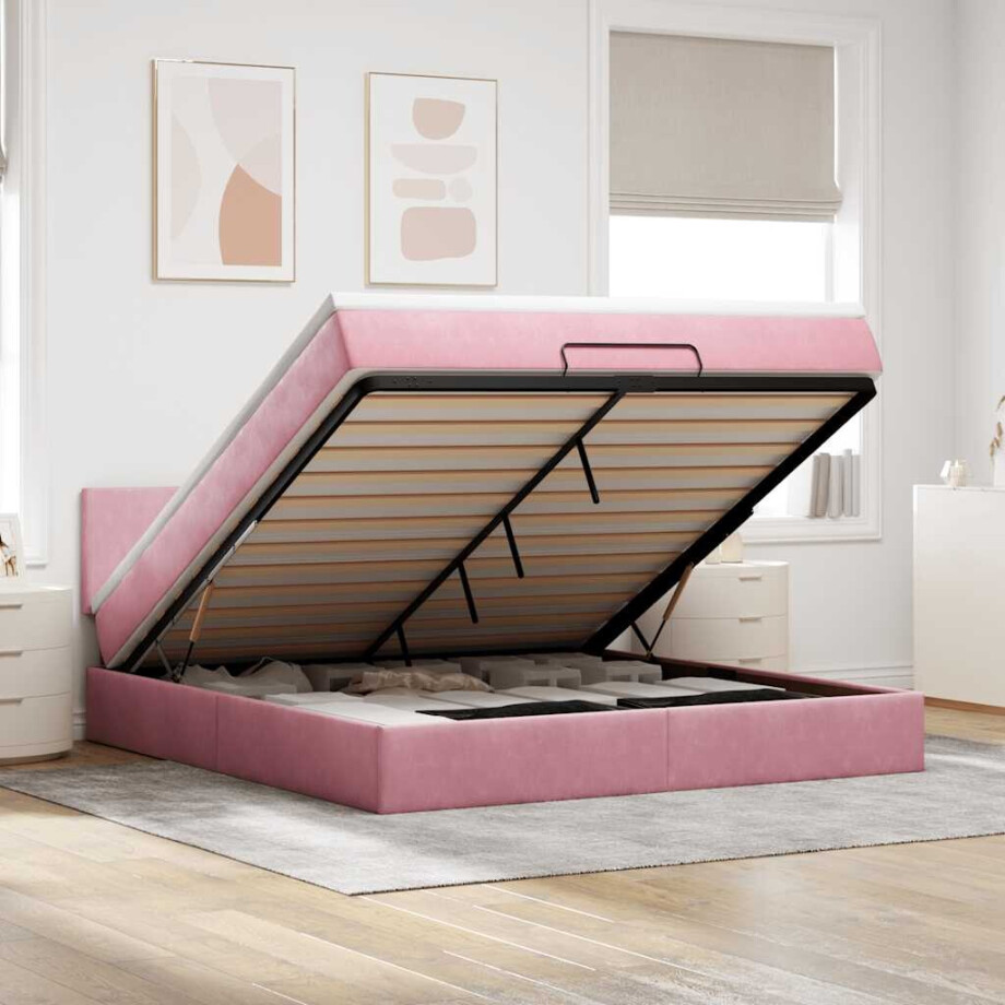 vidaXL Ottoman bed met matras en LED's 160x200cm fluweel roze vidaXL Ottoman bed met matras en LED's 160x200cm fluweel roze afbeelding 1