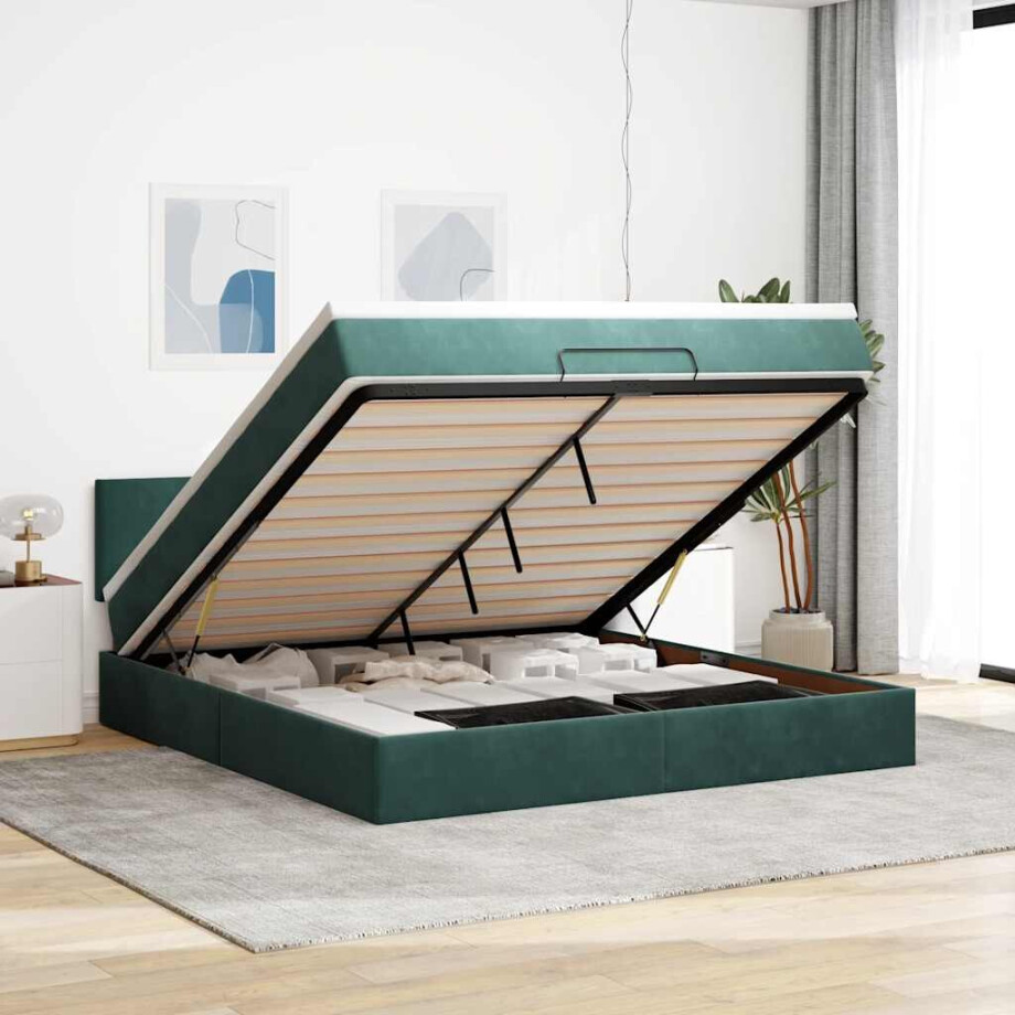 vidaXL Ottoman bed met matras en LED's 180x200 cm fluweel donkergroen afbeelding 1