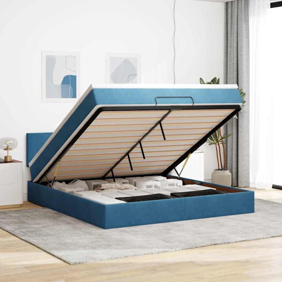 vidaXL Ottoman bed met matras en LED's 180x200 cm fluweel donkerblauw afbeelding 1