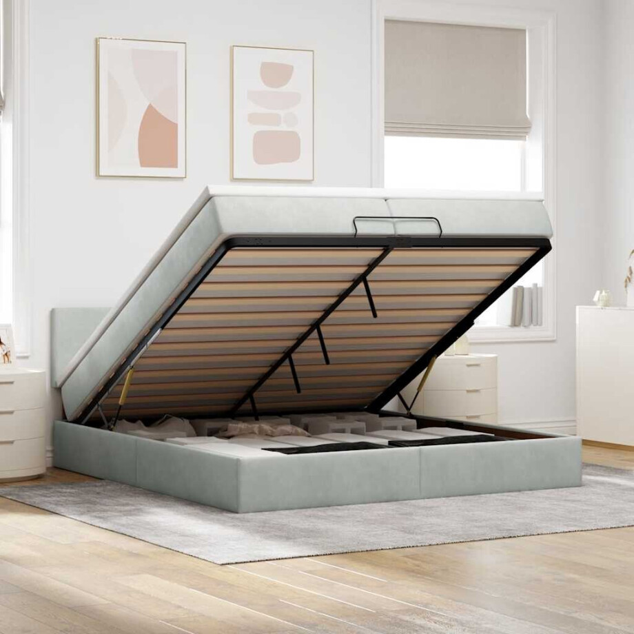 vidaXL Ottoman bed met matrassen en LED's 200x200cm fluweel lichtgrijs afbeelding 1