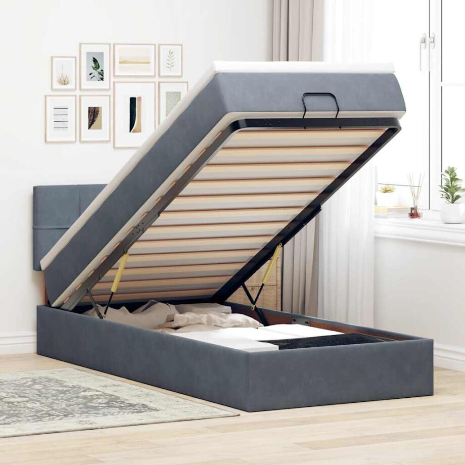 vidaXL Ottoman bed met matras en LED's 90x200cm fluweel donkergrijs vidaXL Ottoman bed met matras en LED's 90x200cm fluweel donkergrijs afbeelding 1